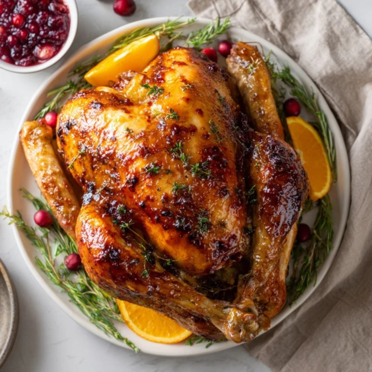 Golden roasted cranberry turkey with cranberry glaze on white kitchen counter