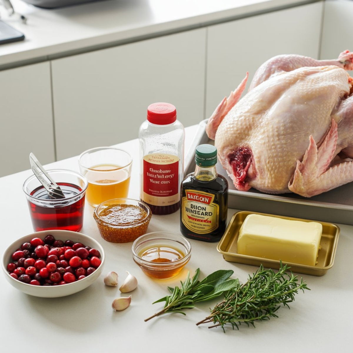 Cranberry turkey ingredients on white kitchen counter