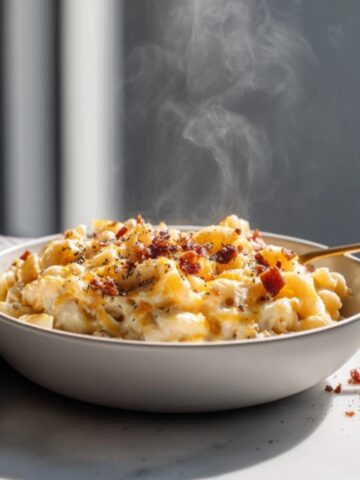 Creamy instant pot mac and cheese in a bowl on white kitchen counter