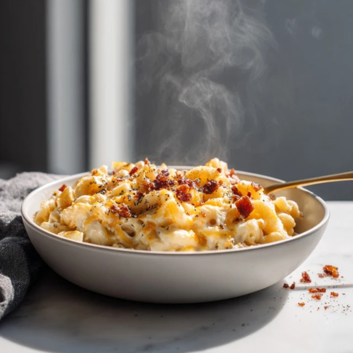 Creamy instant pot mac and cheese in a bowl on white kitchen counter