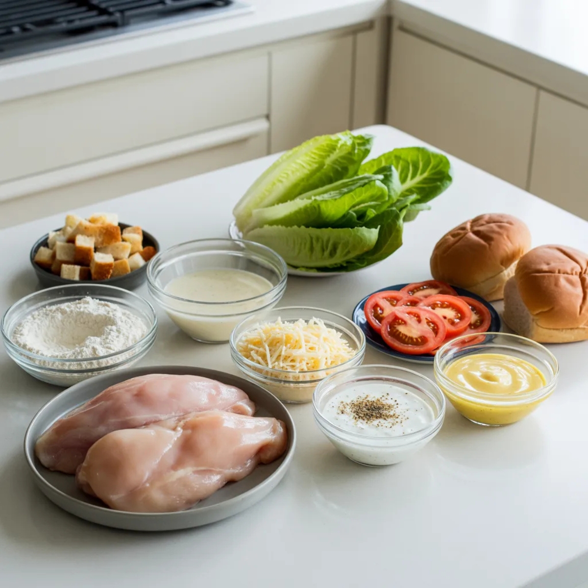 crispy chicken caesar sandwich ingredients in bowls on white counter