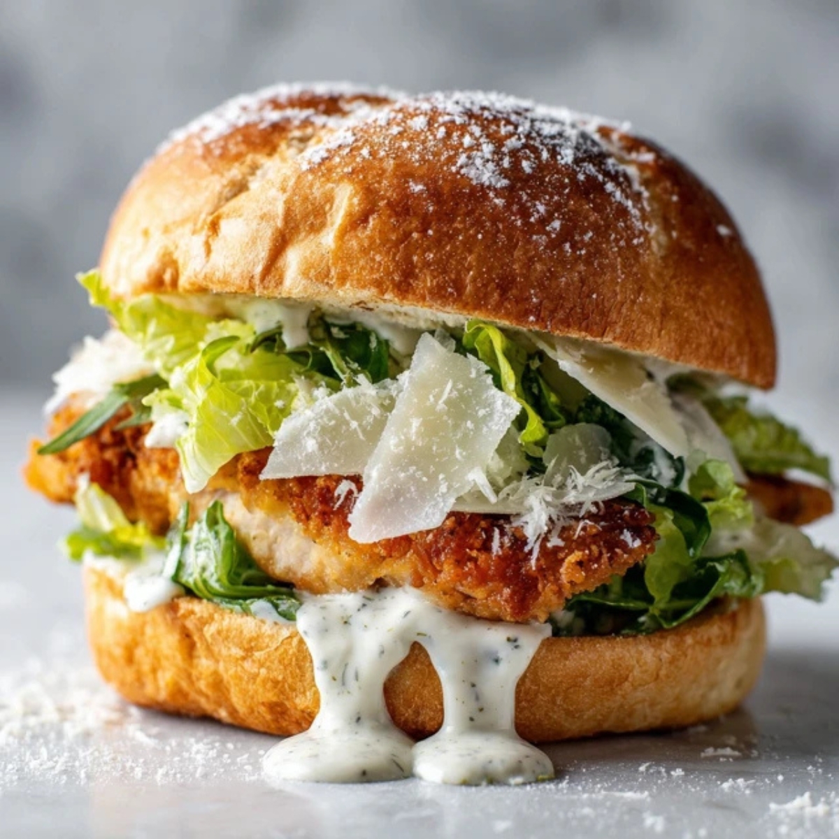 crispy chicken caesar sandwich on toasted brioche bun with lettuce and parmesan