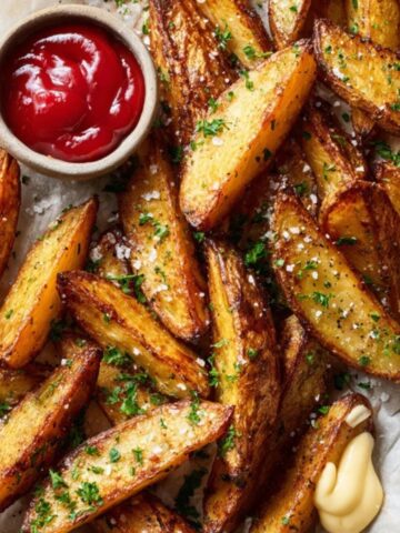 Crispy golden potato wedges with dipping sauce on a white kitchen counter