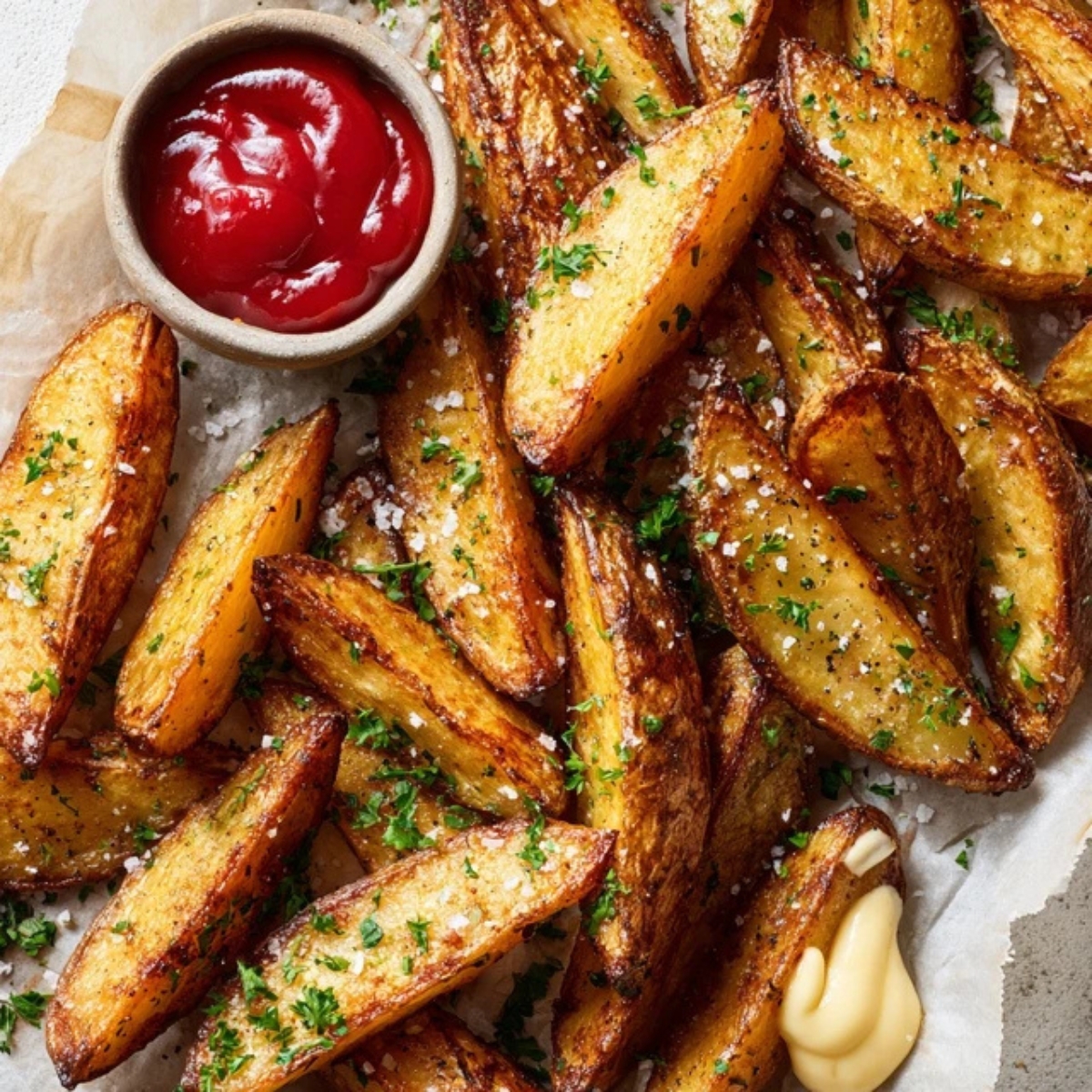 Crispy golden potato wedges with dipping sauce on a white kitchen counter
