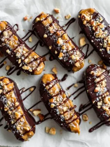 Homemade date snickers coated in dark chocolate with peanut butter and sea salt on a white kitchen counter