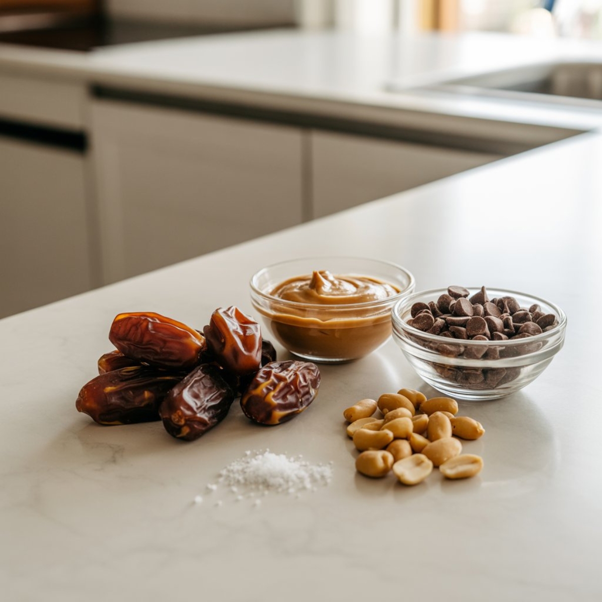 Ingredients for date snickers recipe including Medjool dates, peanut butter, dark chocolate, peanuts, and sea salt on a white counter