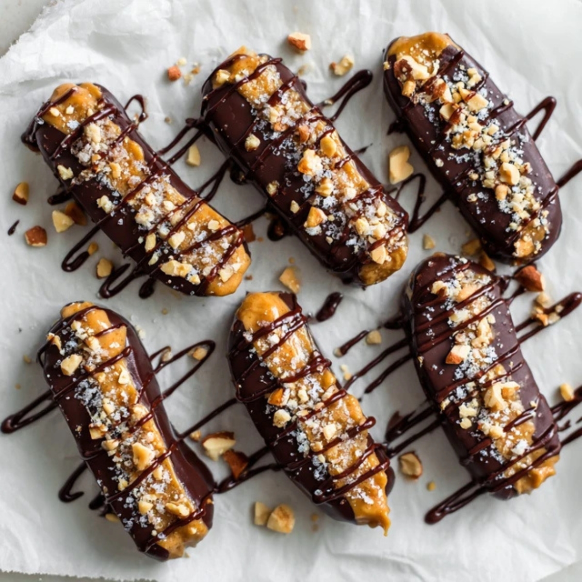 Homemade date snickers coated in dark chocolate with peanut butter and sea salt on a white kitchen counter