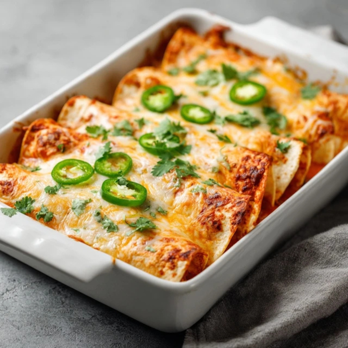 Easy homemade chicken enchiladas with melted cheese and sauce