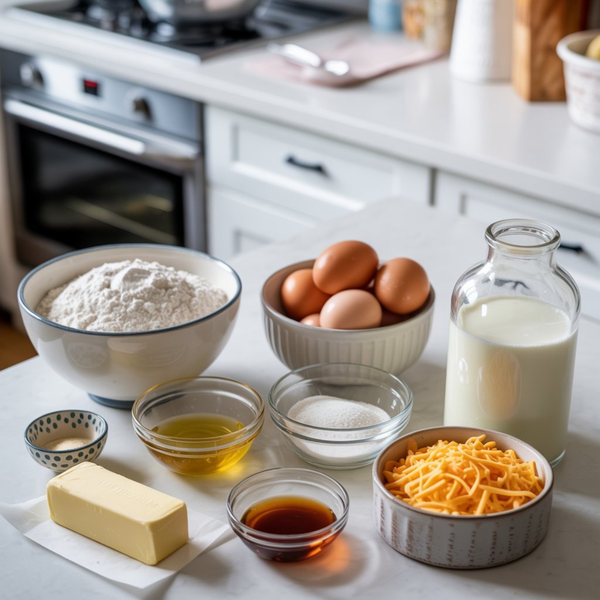 Ensaymada bread ingredients including flour, butter, milk, eggs, and cheese arranged on white counter