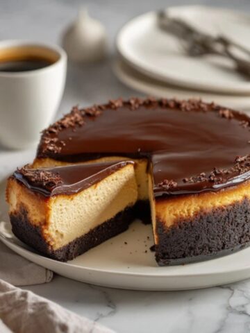 Creamy espresso cheesecake with chocolate crust and glossy ganache on white counter