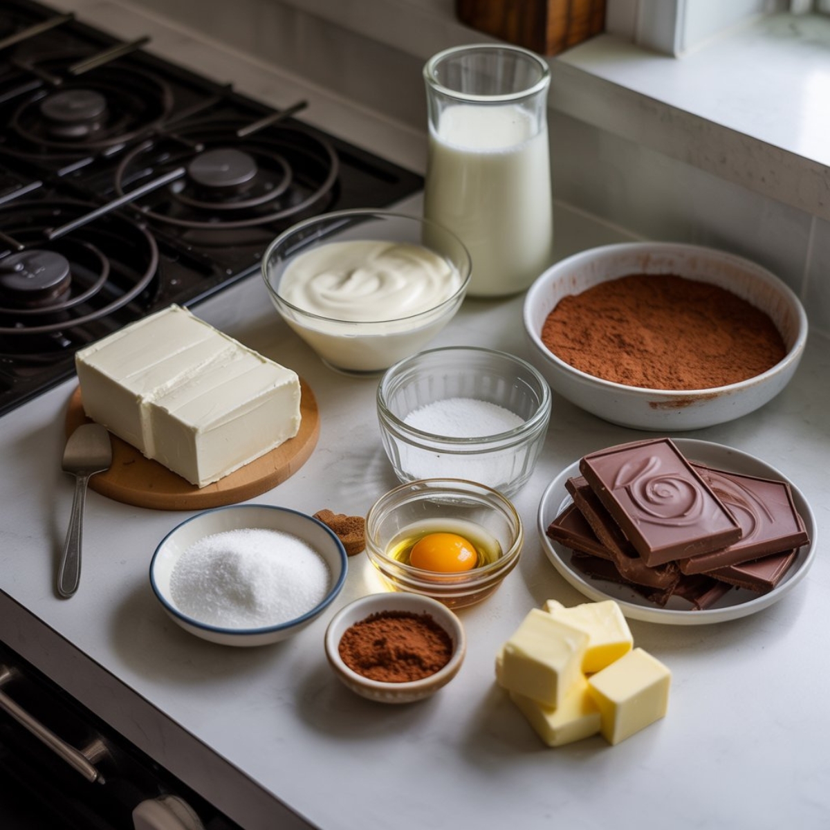 Espresso cheesecake ingredients including cream cheese, espresso powder, and chocolate cookies