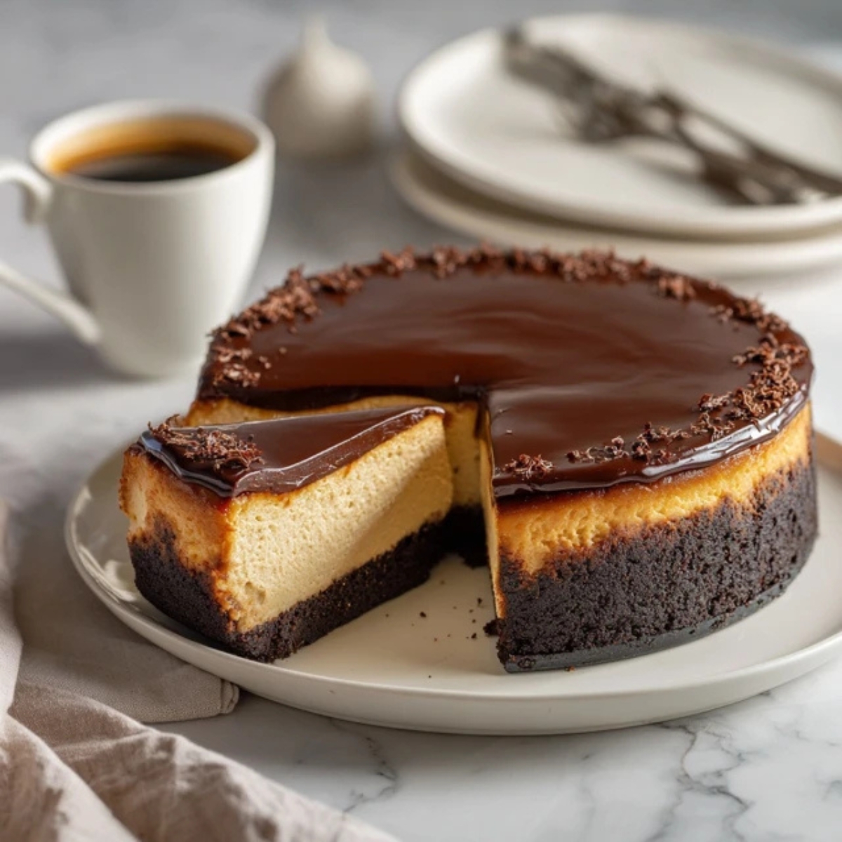 Creamy espresso cheesecake with chocolate crust and glossy ganache on white counter