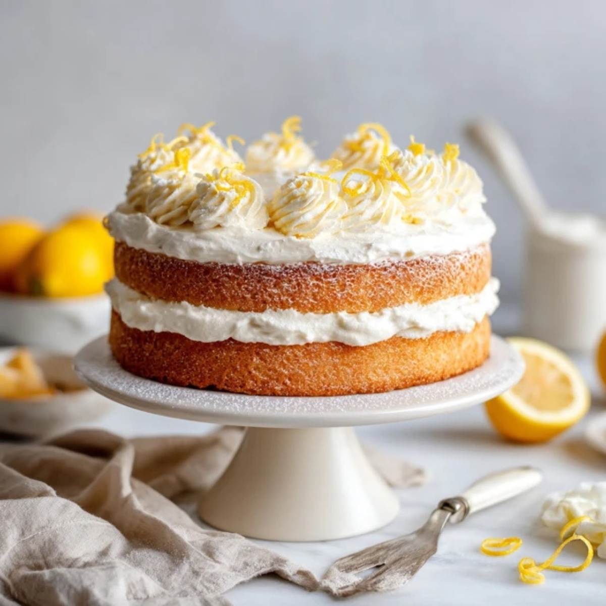 fluffy lemon cloud cake with whipped cream frosting on white kitchen counter