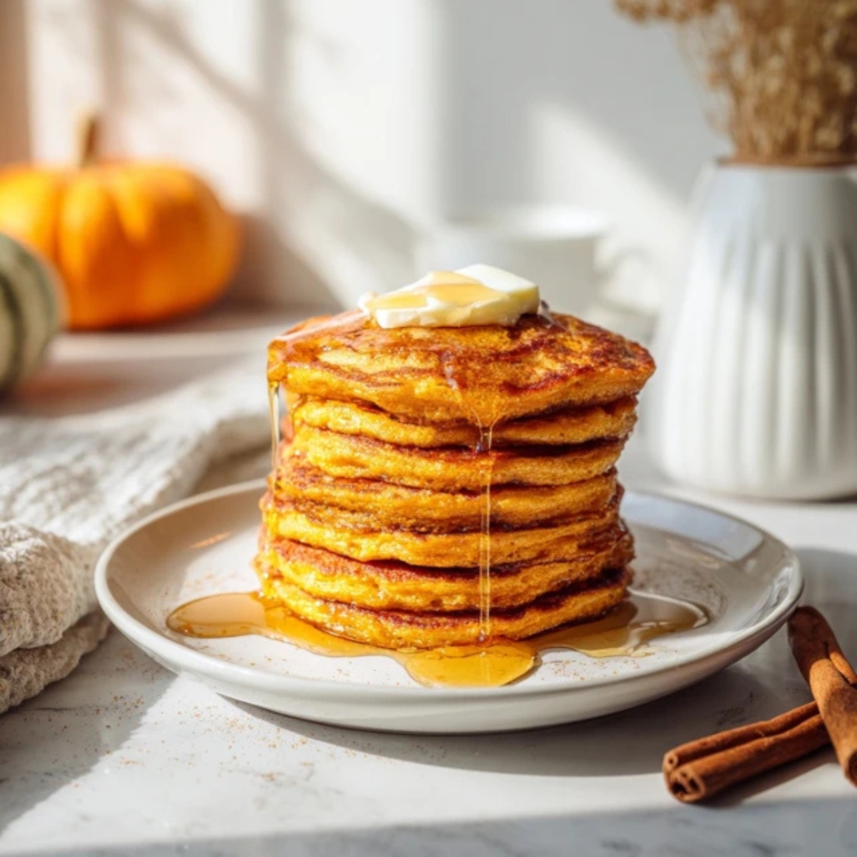 Fluffy pumpkin pancakes stacked with maple syrup and butter