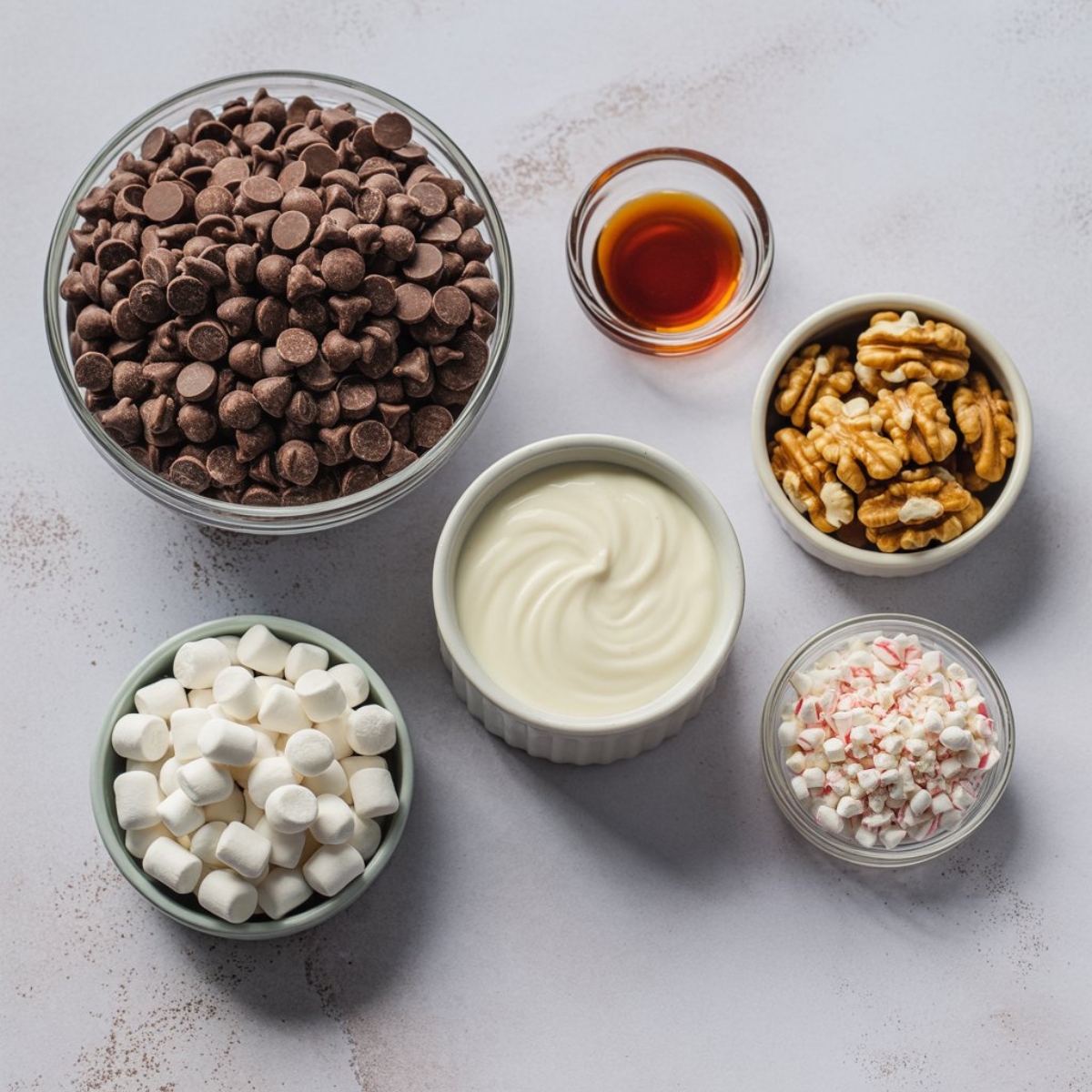 fudge ingredients chocolate chips condensed milk vanilla in bowls