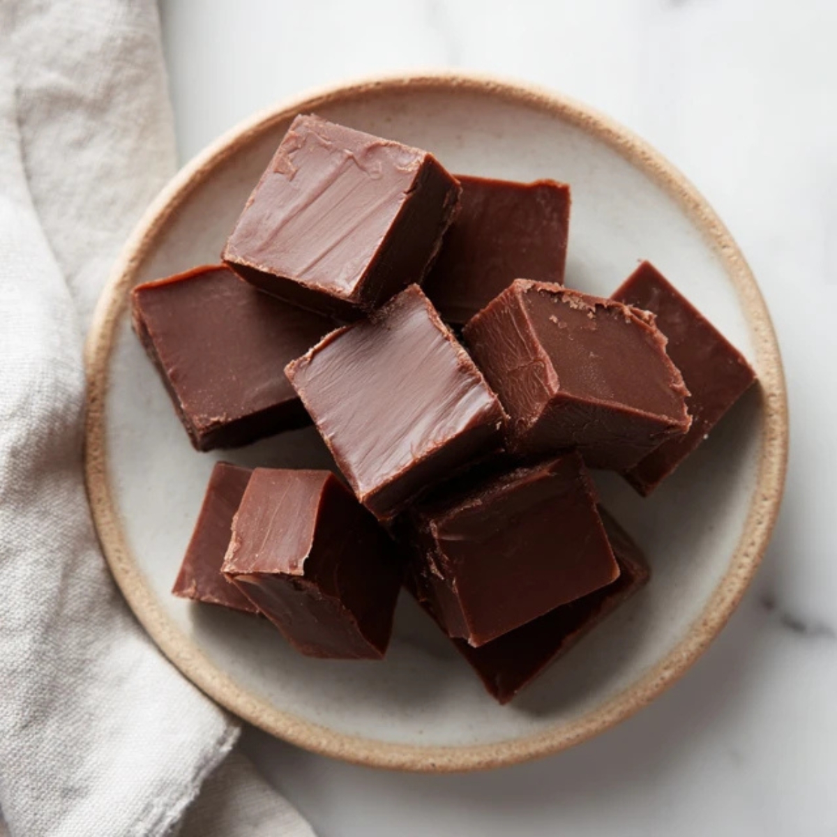 homemade chocolate fudge squares on white kitchen counter