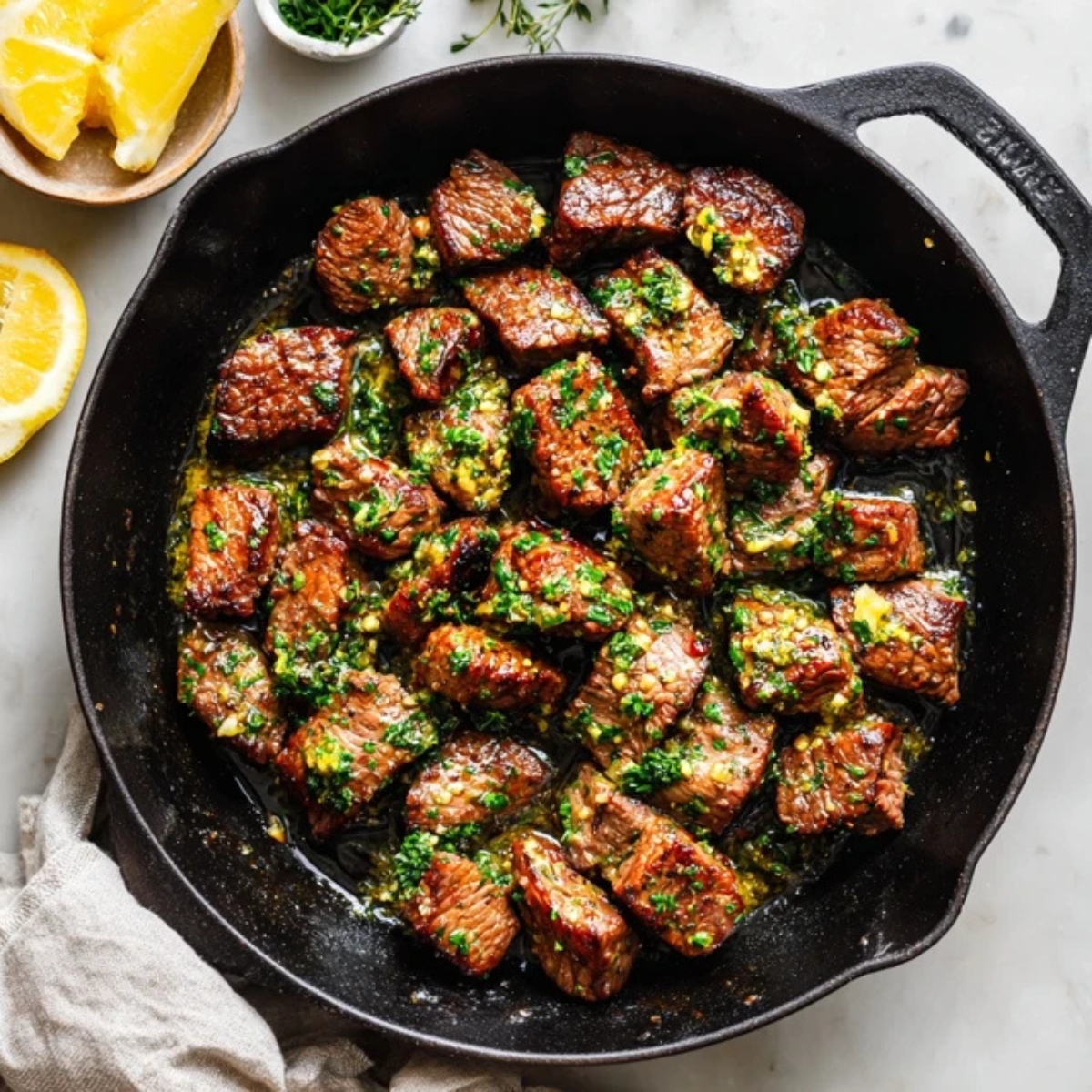 Garlic butter steak bites in a cast-iron skillet on white counter