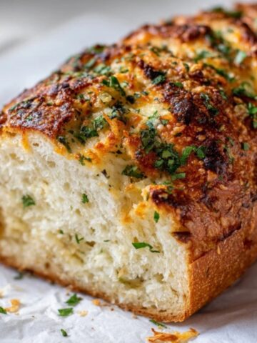 golden garlic parmesan bread loaf with melted cheese and herbs