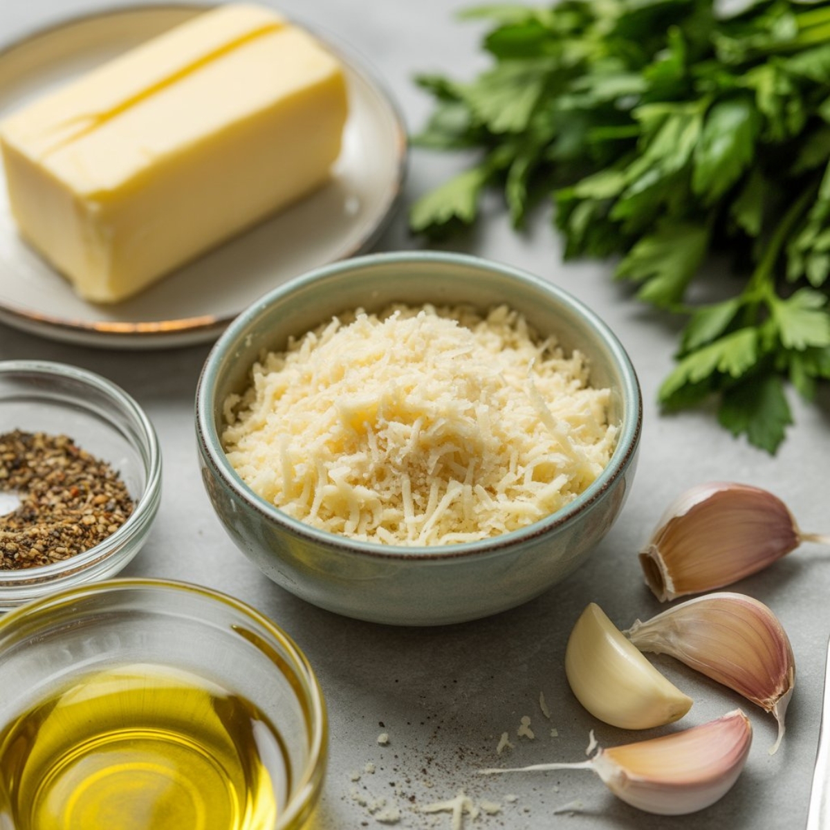 garlic parmesan bread ingredients on kitchen counter