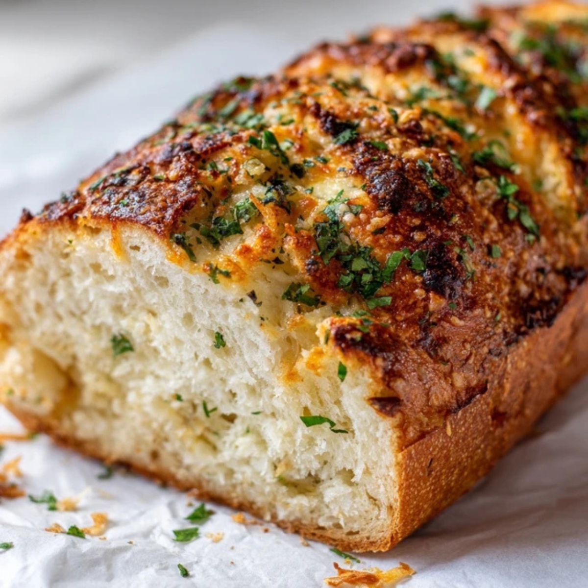 golden garlic parmesan bread loaf with melted cheese and herbs