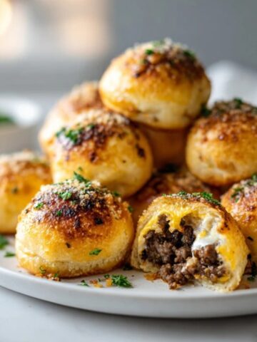 Garlic parmesan cheeseburger bombs on white plate with melted cheese filling