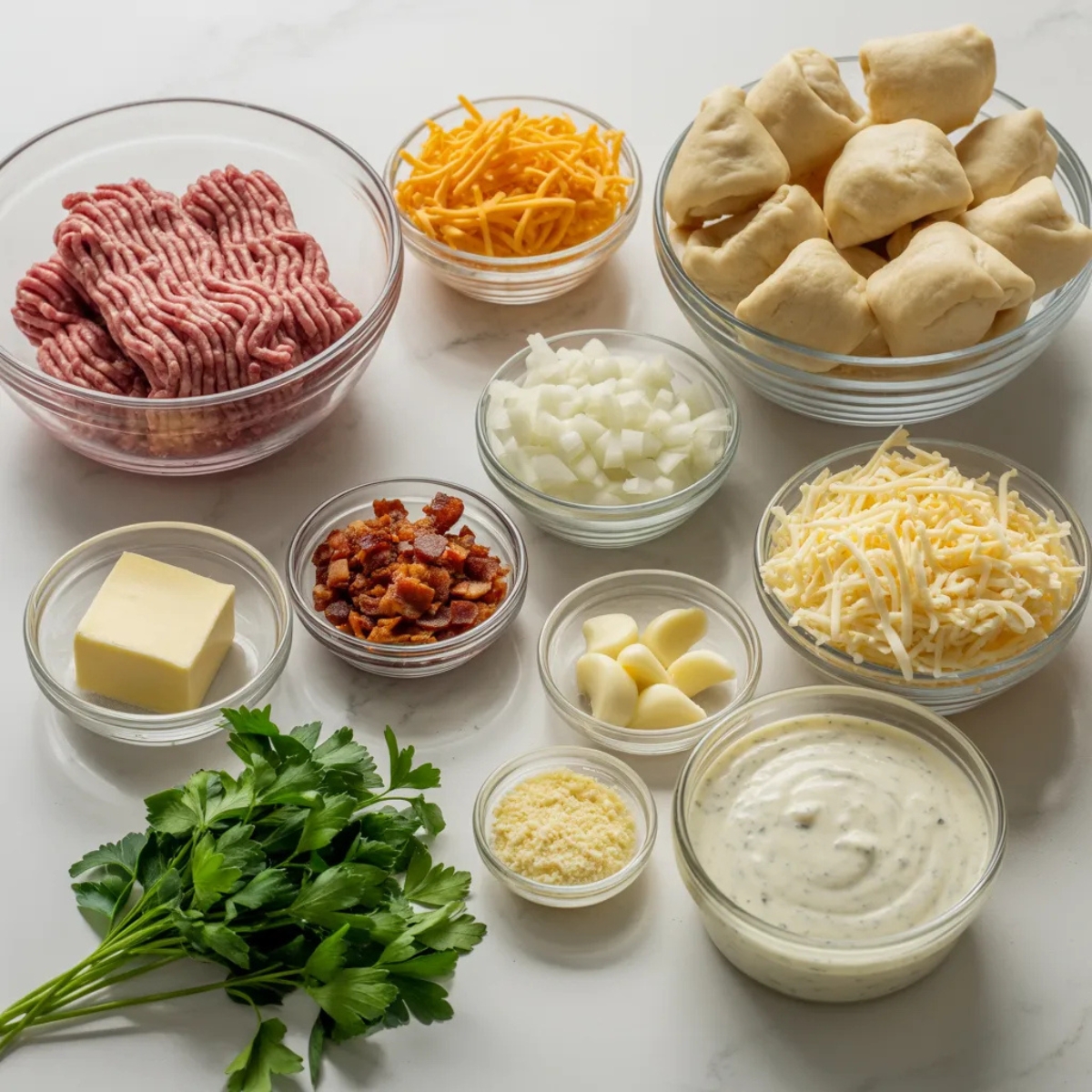 Garlic parmesan cheeseburger bombs ingredients in bowls on white counter