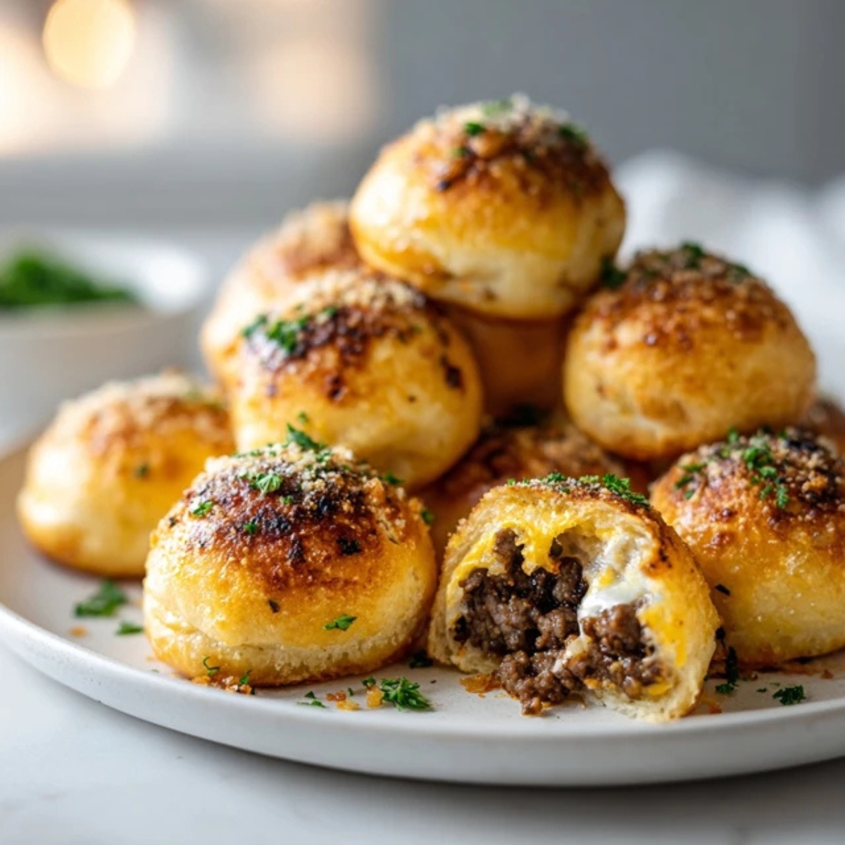 Garlic parmesan cheeseburger bombs on white plate with melted cheese filling