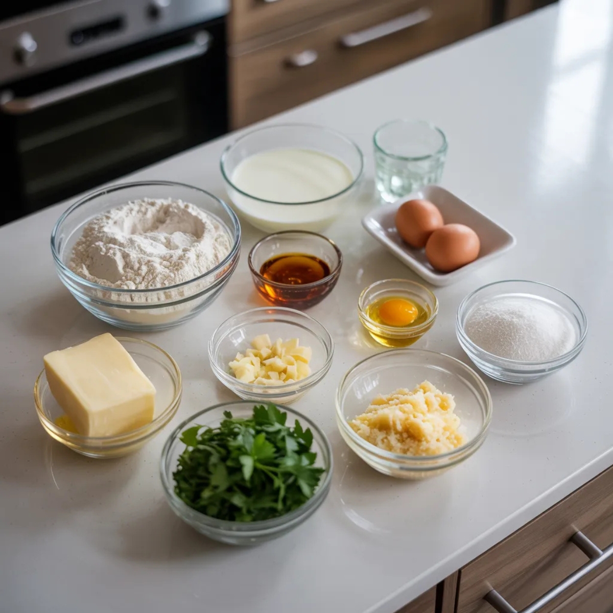 Garlic swirl rolls ingredients including flour, milk, butter, garlic, and parsley arranged on a white counter