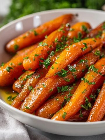 Buttery honey glazed carrots in white bowl on kitchen counter