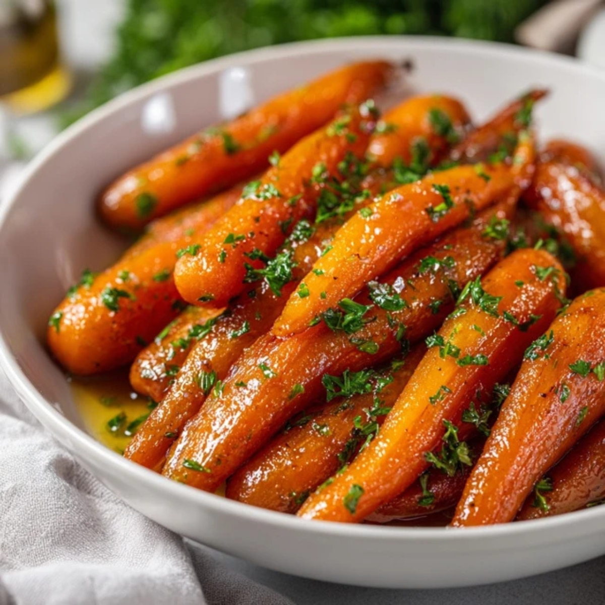 Buttery honey glazed carrots in white bowl on kitchen counter