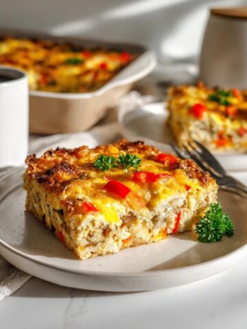 Cheesy gluten free breakfast casserole on white kitchen counter