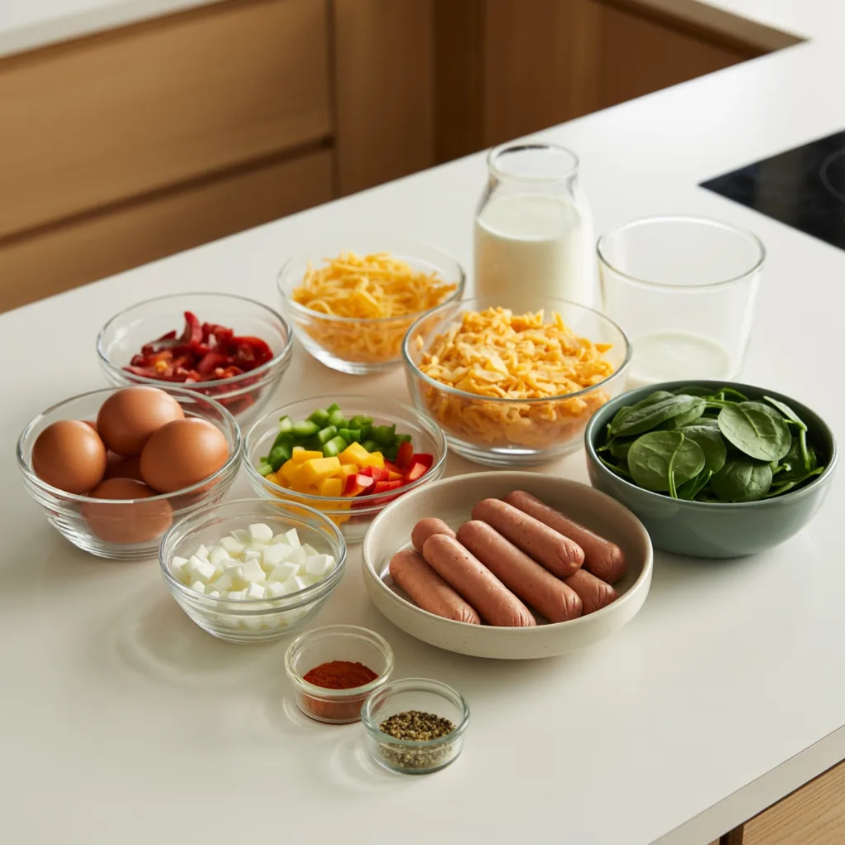 Gluten free breakfast casserole ingredients in bowls on white counter