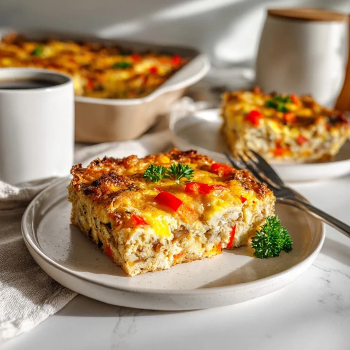 Cheesy gluten free breakfast casserole on white kitchen counter