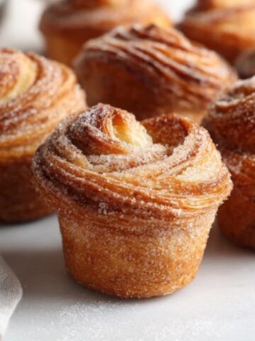 Flaky homemade gluten free cruffins on a white kitchen counter