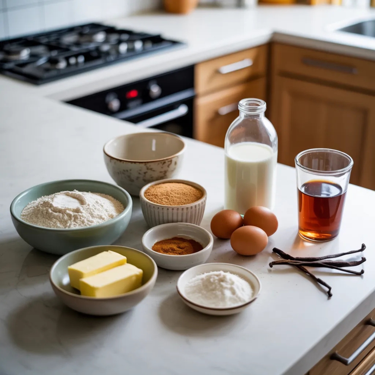 Gluten free cruffins ingredients in bowls on a white counter
