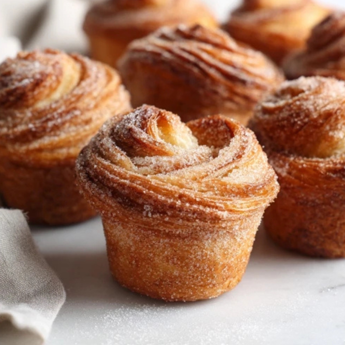 Flaky homemade gluten free cruffins on a white kitchen counter