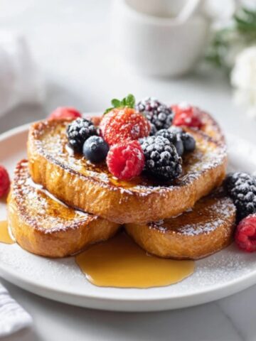 gluten free french toast with berries and maple syrup on white kitchen counter
