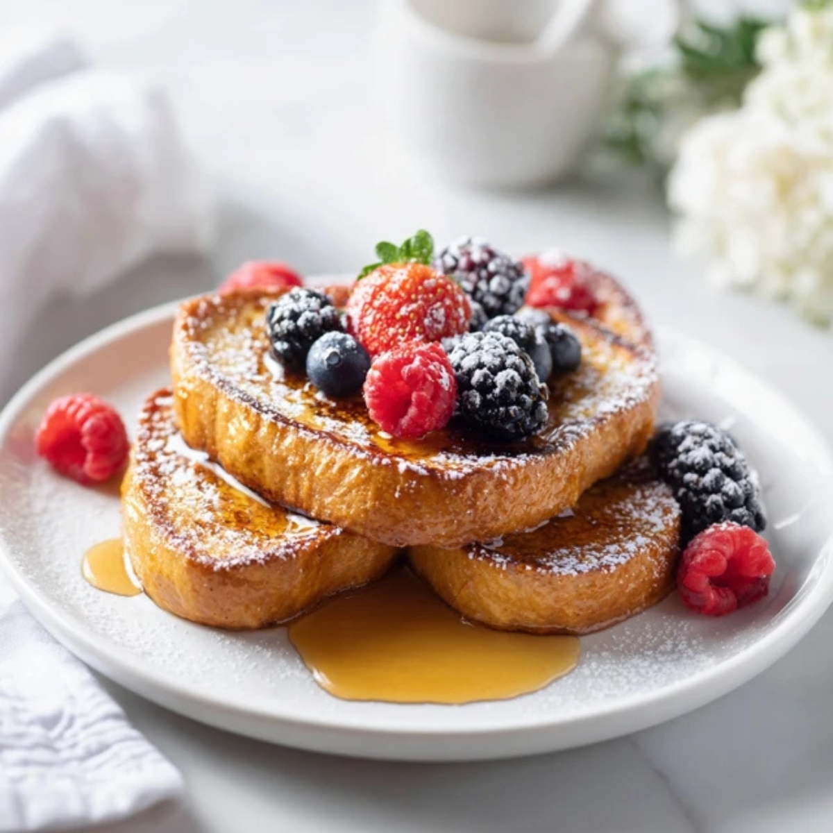 gluten free french toast with berries and maple syrup on white kitchen counter