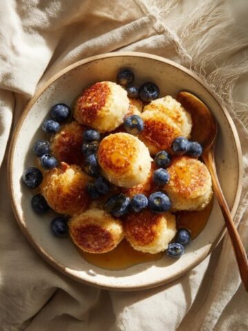 Gluten-free pancake bites with blueberries and maple syrup on white counter