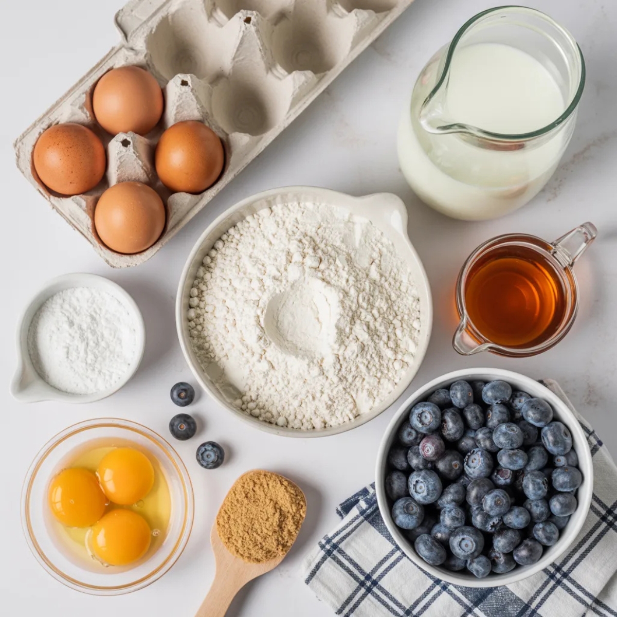 gluten free pancake bites ingredients in bowls on white counter