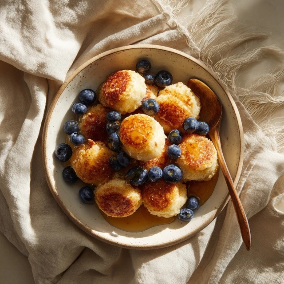 Gluten-free pancake bites with blueberries and maple syrup on white counter