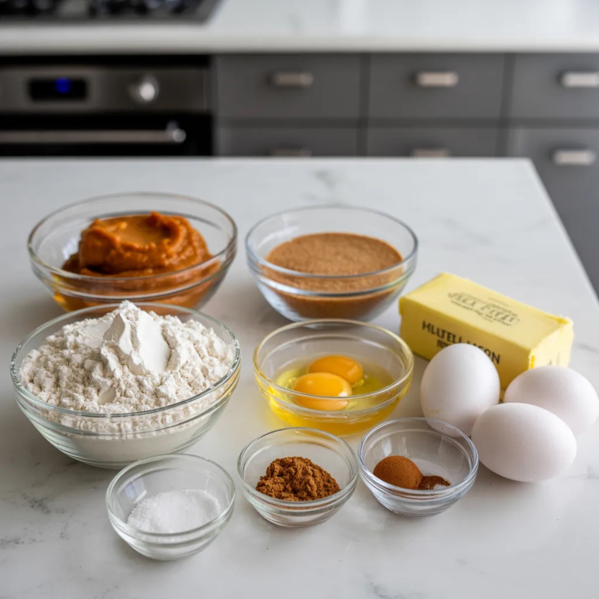 gluten free pumpkin coffee cake ingredients in bowls on white kitchen counter