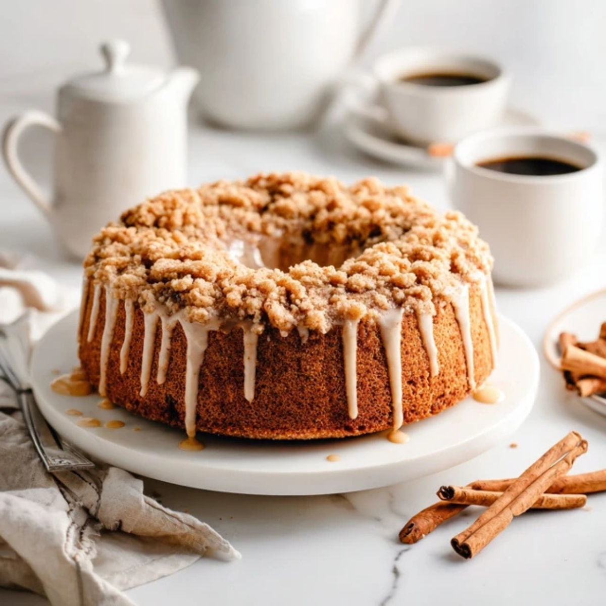 gluten free pumpkin coffee cake with crumb topping on white kitchen counter