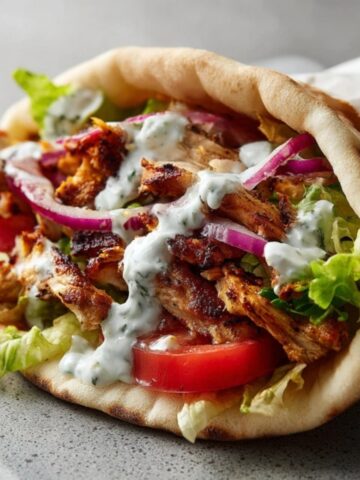 Homemade Greek chicken gyro with tzatziki and fresh vegetables on a white counter.
