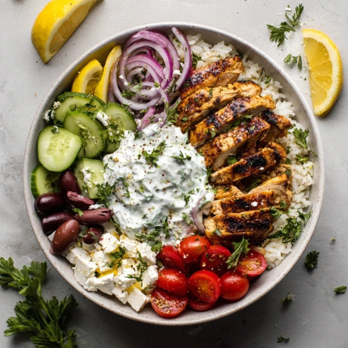 Greek Chicken Gyro Bowl with tzatziki, rice, and fresh Mediterranean toppings