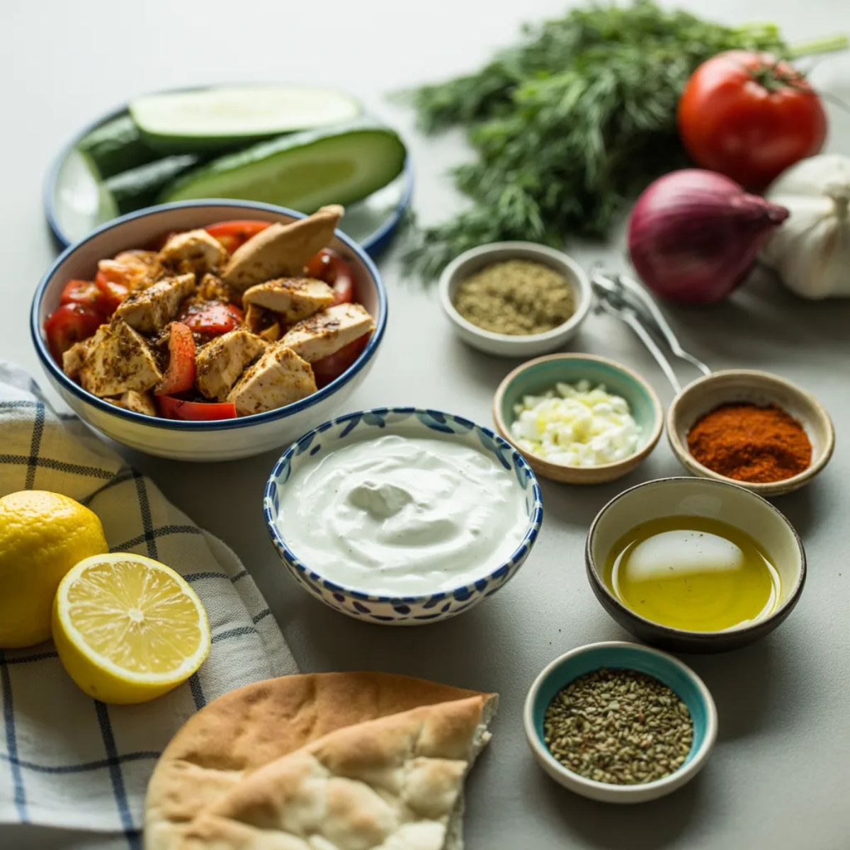Greek chicken gyro ingredients arranged neatly on a white kitchen counter.