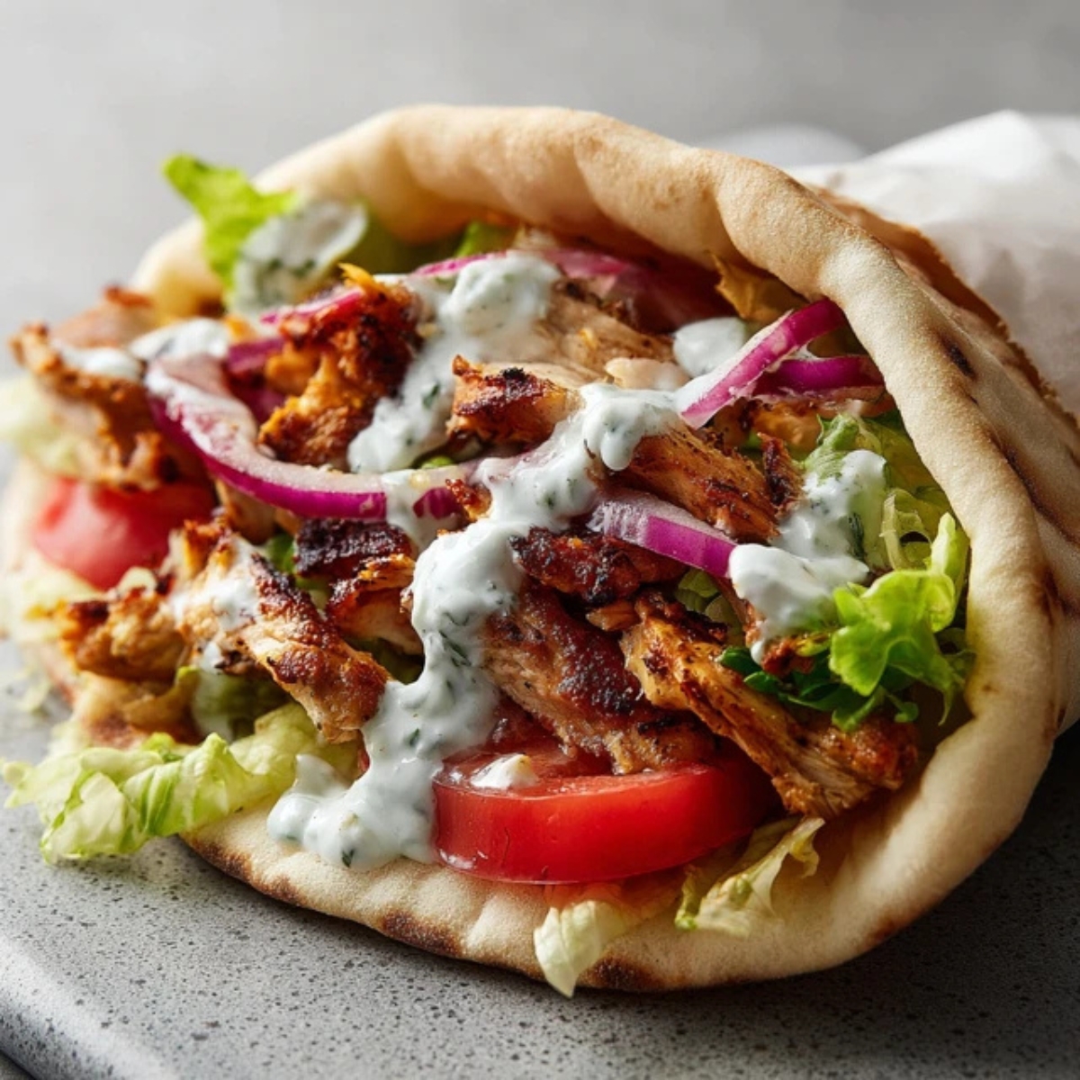 Homemade Greek chicken gyro with tzatziki and fresh vegetables on a white counter.