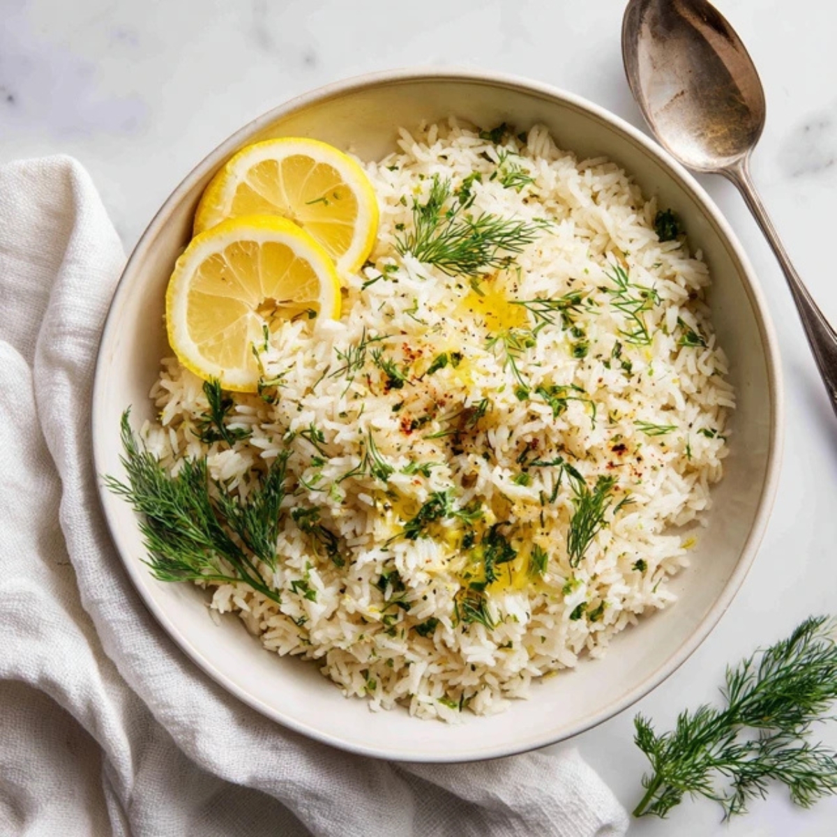 Fluffy Greek lemon rice garnished with fresh herbs and lemon wedges