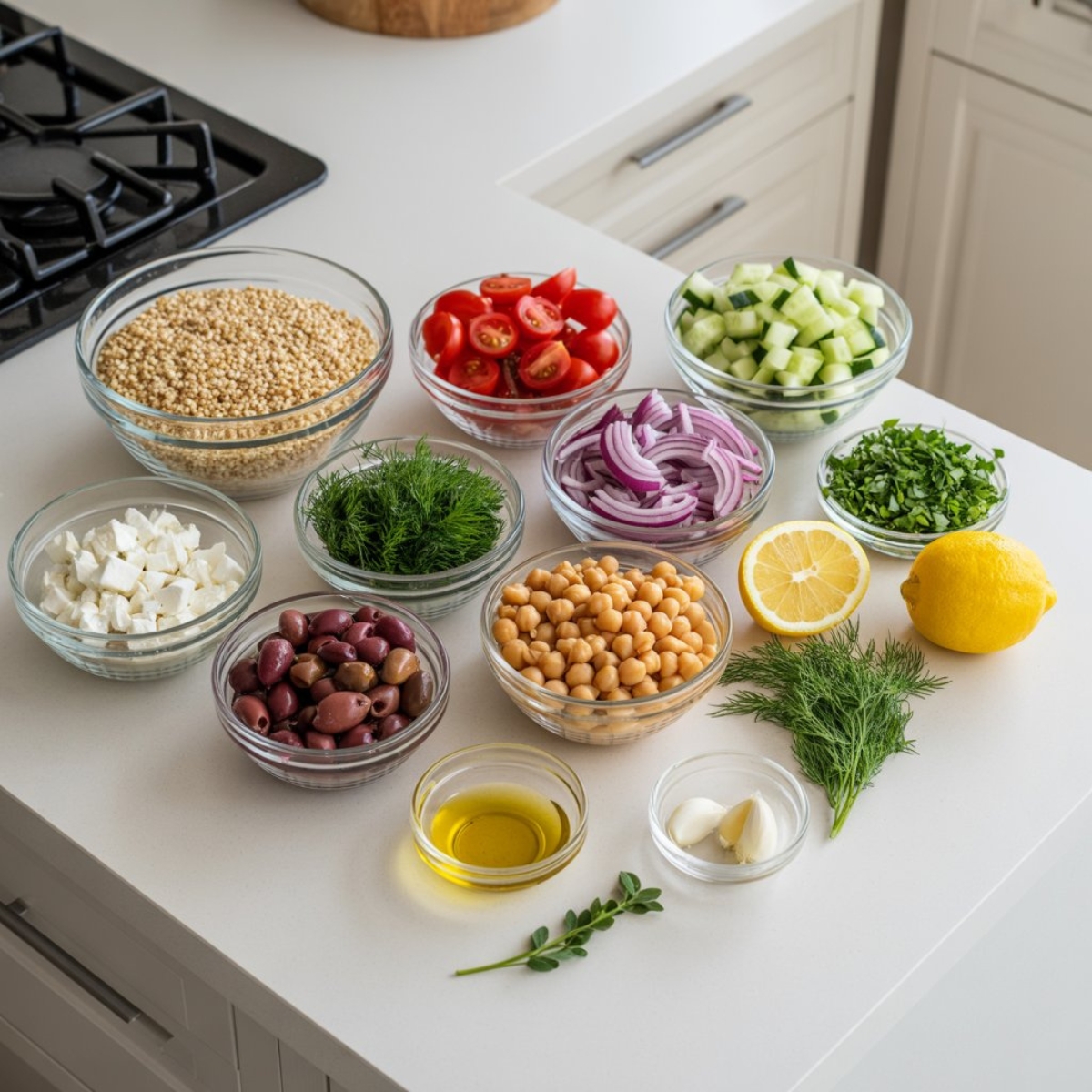 fresh greek quinoa bowl ingredients in small bowls on white counter