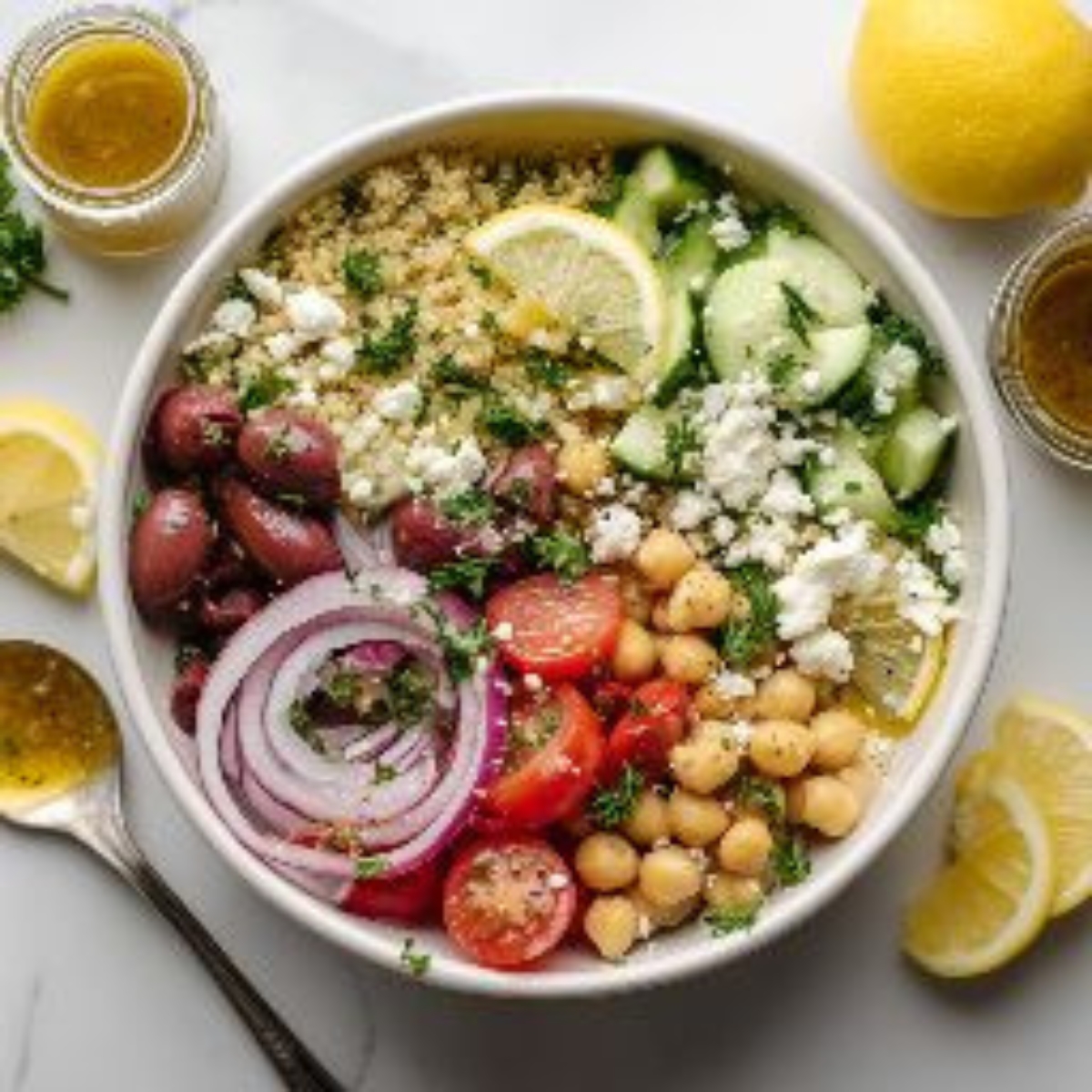 vibrant greek quinoa bowl with feta and lemon vinaigrette